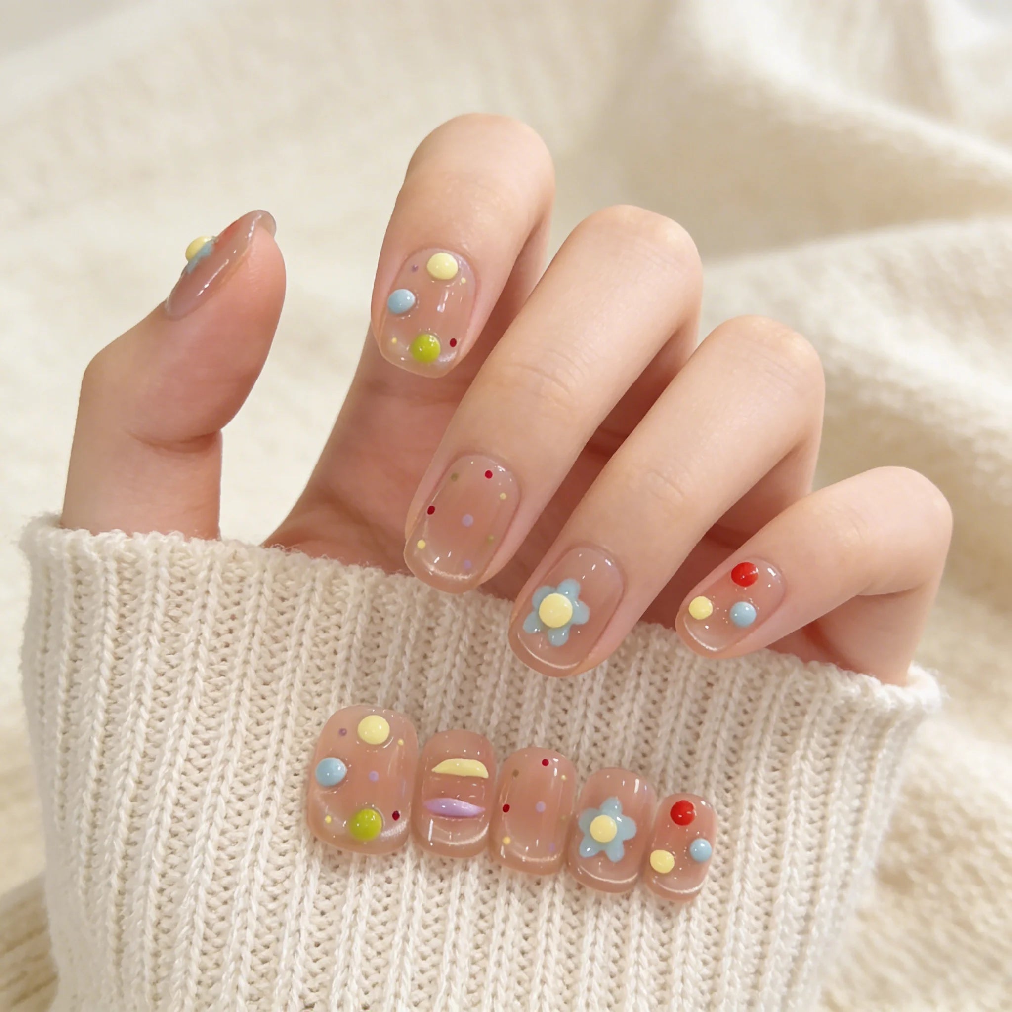 10pcs 3D Sugar Bean Flowers Handmade Nails French Cat-Eye Press on Nail Short Oval Fake Nail for Women&Girl False Nail Art
