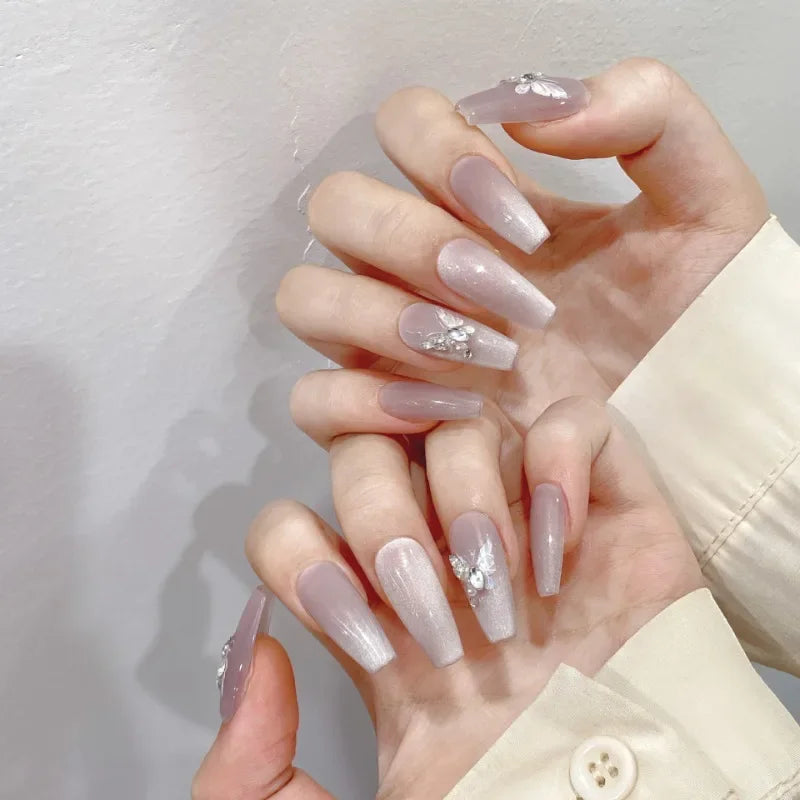 Handmade Diamonds Press on Nails with Design Short False Nails Girls Adhesive Cat Eye Removable Fake Nails with Box and Tools
