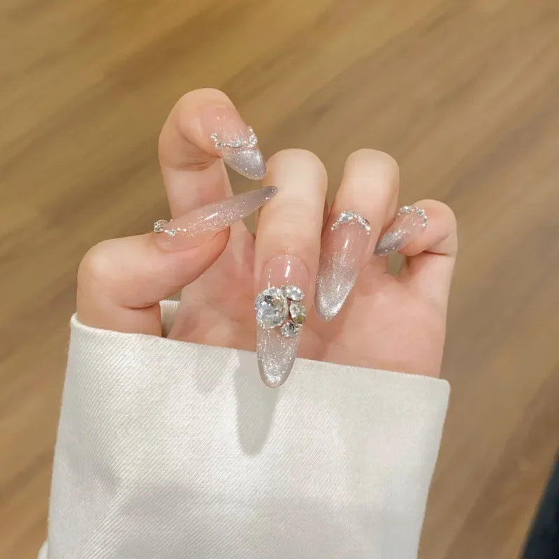 Handmade Gradient Decorated False Nail Cat Eye Luxury Diamonds Reusable Press on Nails with Box and Tools Almond Long Nail Tips